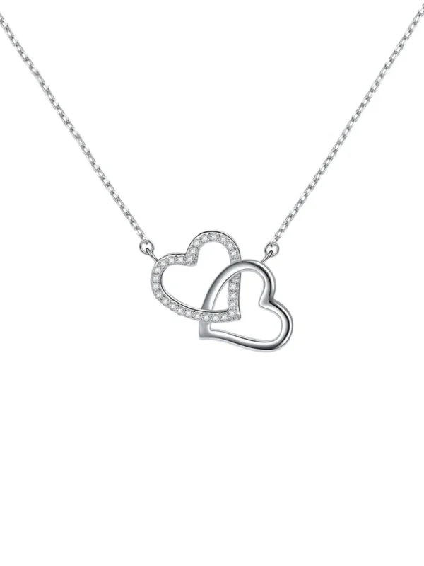 Silver-Toned Crystals Studded Dual Heart Pendant with Chain - Image 3