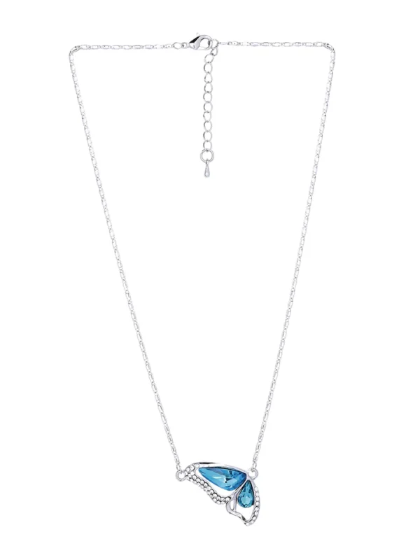Silver-Toned Blue Stone-Studded Butterfly Pendant with Chain - Image 2