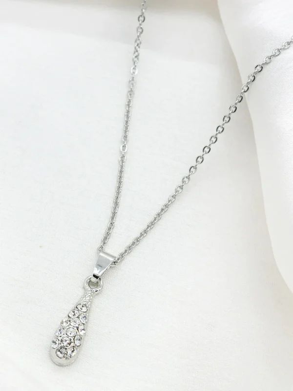 Silver-Toned White Rhinestone-Studded Drop Shaped Pendant with Chain