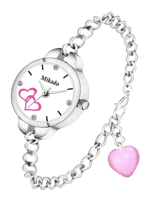 Mikado Women Silver-Toned Bracelet Styled Straps with Pink Heart Analogue Watch