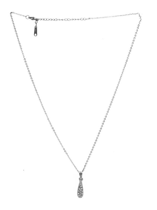 Silver-Toned White Rhinestone-Studded Drop Shaped Pendant with Chain - Image 3
