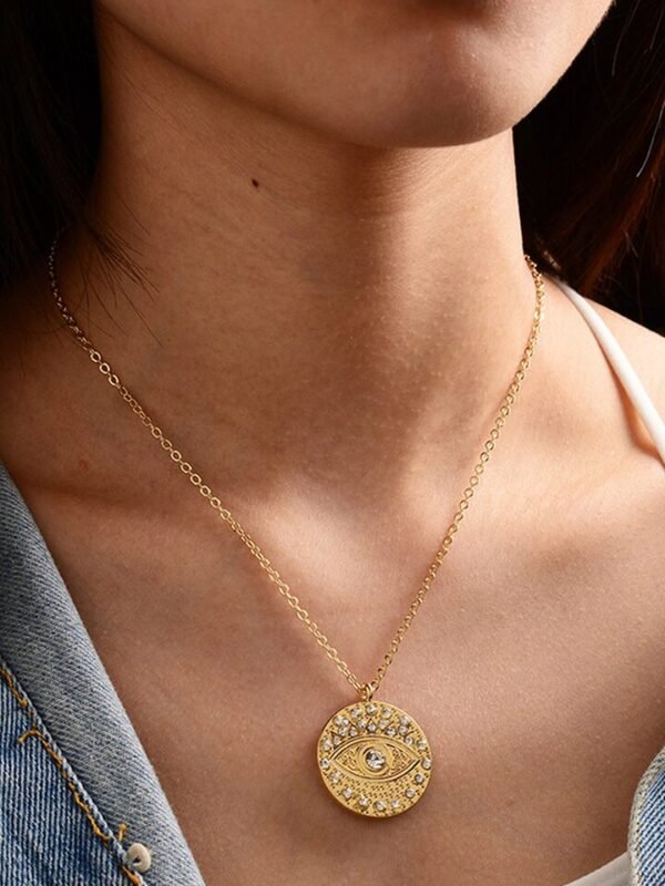 Gold-Plated Circular Stone Studded Pendant with Chain - Image 2