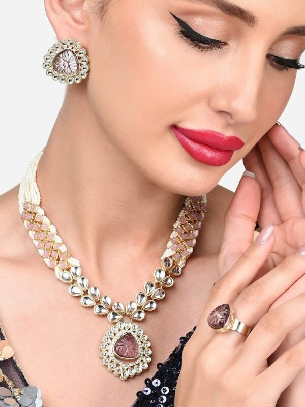 Gold-Plated Kundan - Studded Necklace & Earrings with Finger Ring - Image 3
