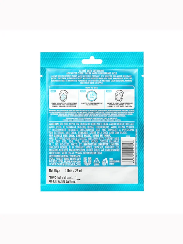 Lakme Skin Solutions Hydrating Sheet Mask with Hyaluronic Acid -25 ml - Image 2
