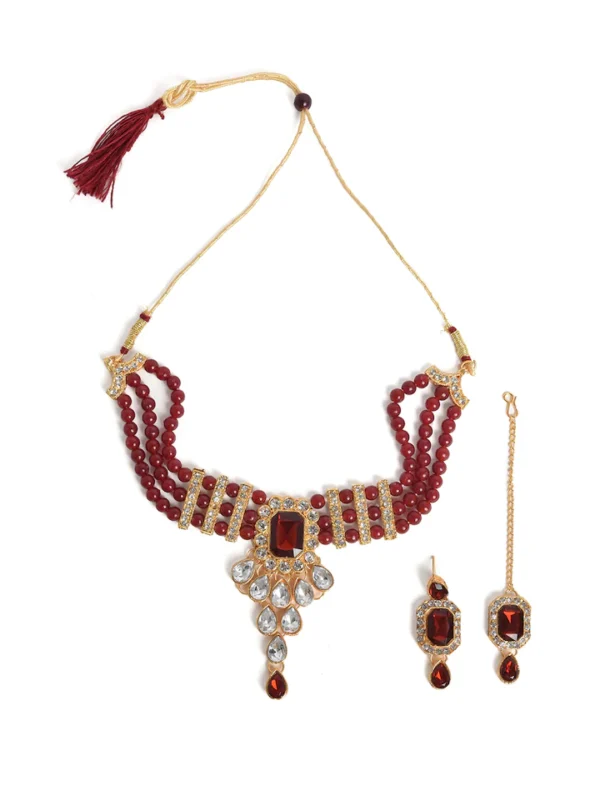 Gold-Plated Stone Studded & Beaded Jewellery Set Consisting Necklace, a pair of Earrings and Maang Tikka