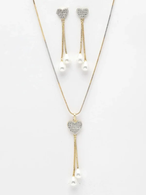 Gold-Plated Stone Studded Heart Shaped Pendant with Chain and Earrings