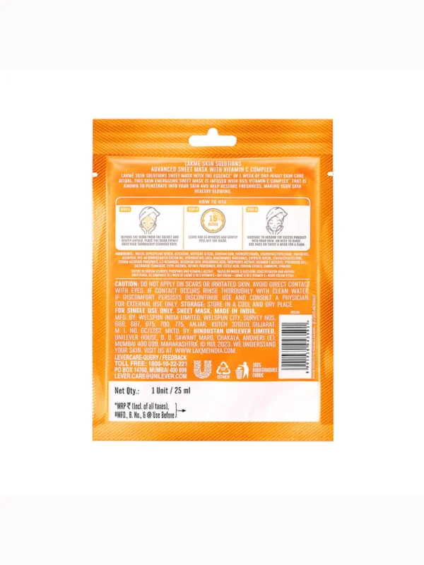 Lakme Skin Solutions Revitalizing Sheet Mask with Vitamin C Complex - 25 ml - Image 2