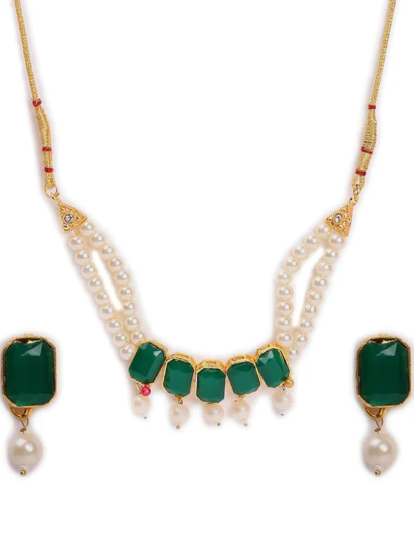 Green & White Gold-Plated Pearl Studded Jewellery Set