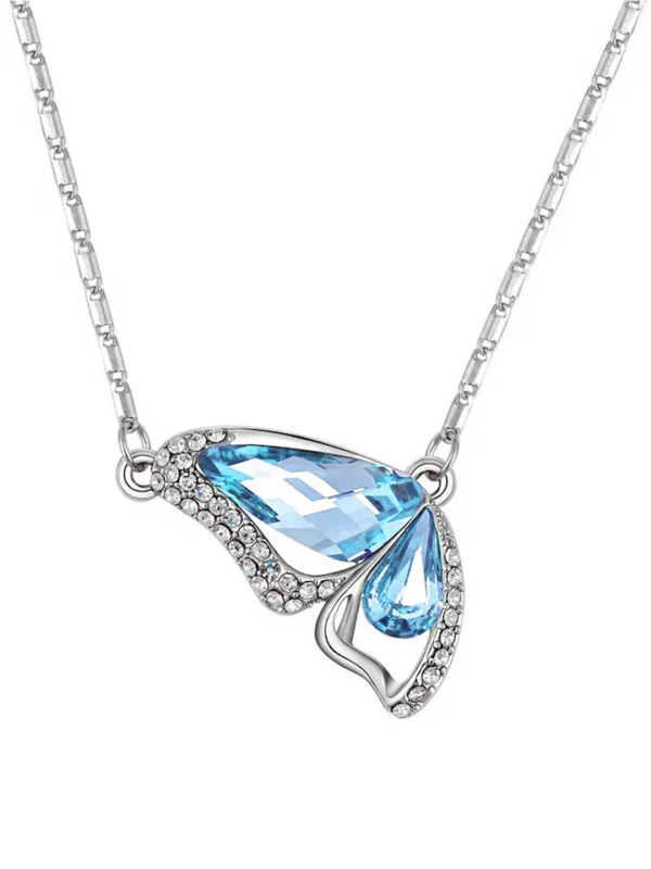 Silver-Toned Blue Stone-Studded Butterfly Pendant with Chain - Image 3