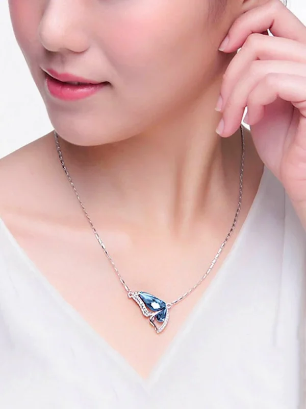 Silver-Toned Blue Stone-Studded Butterfly Pendant with Chain - Image 4