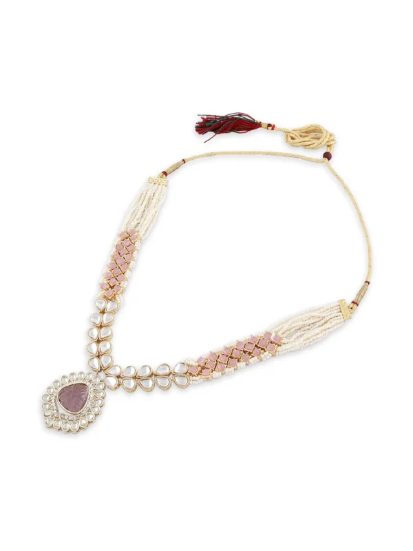 Gold-Plated Kundan - Studded Necklace & Earrings with Finger Ring - Image 2