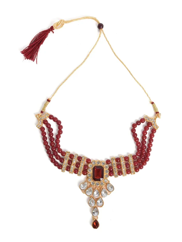 Gold-Plated Stone Studded & Beaded Jewellery Set Consisting Necklace, a pair of Earrings and Maang Tikka - Image 3