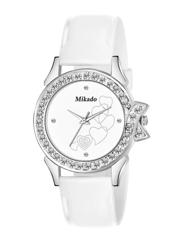 Mikado Women White Brass Embellished Dial & White Leather Straps Analogue Watch