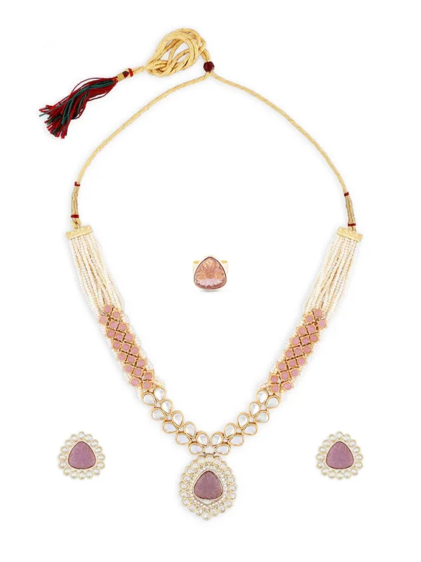 Gold-Plated Kundan - Studded Necklace & Earrings with Finger Ring