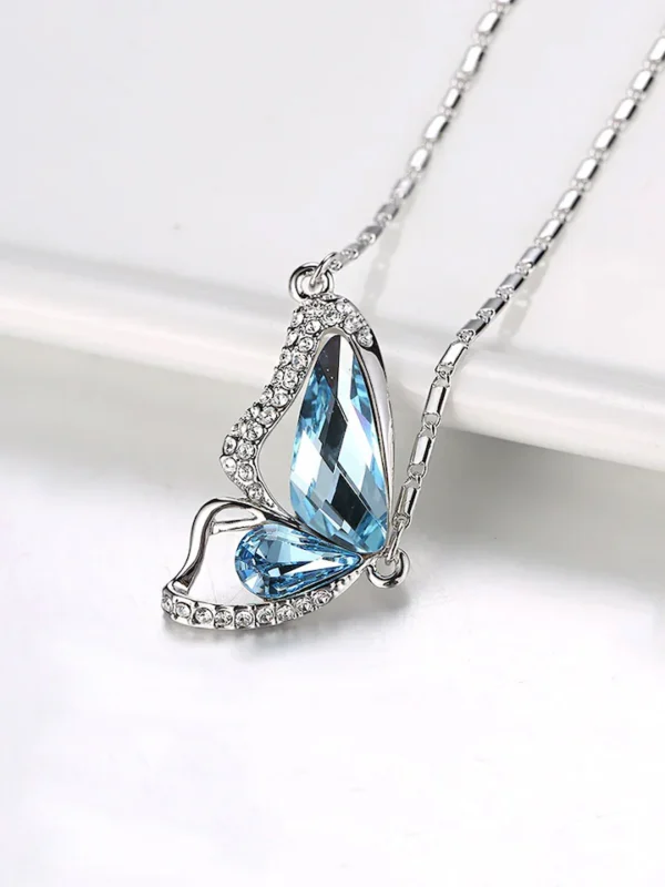 Silver-Toned Blue Stone-Studded Butterfly Pendant with Chain