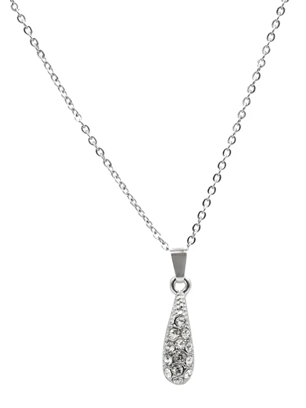 Silver-Toned White Rhinestone-Studded Drop Shaped Pendant with Chain - Image 2